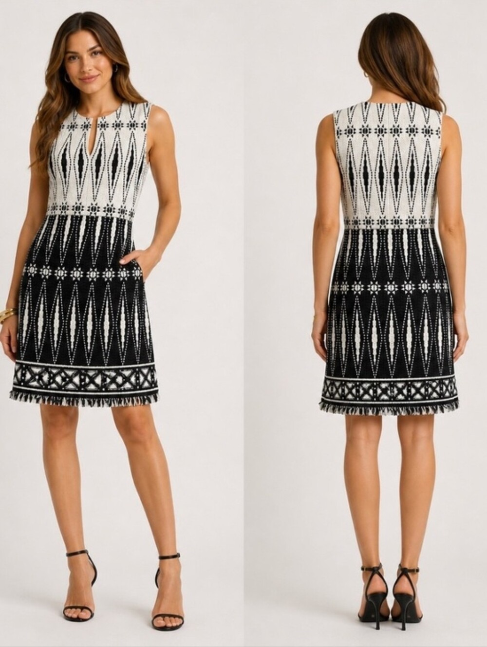 Tory Burch Savora Textured Geometric Knit Fringe Hem Shift Dress Size 6